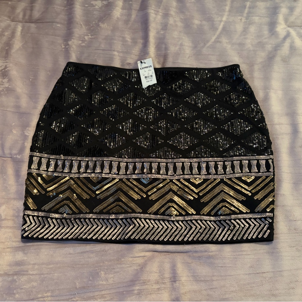 Express Black and Gold Sequins Mini Skirt XS